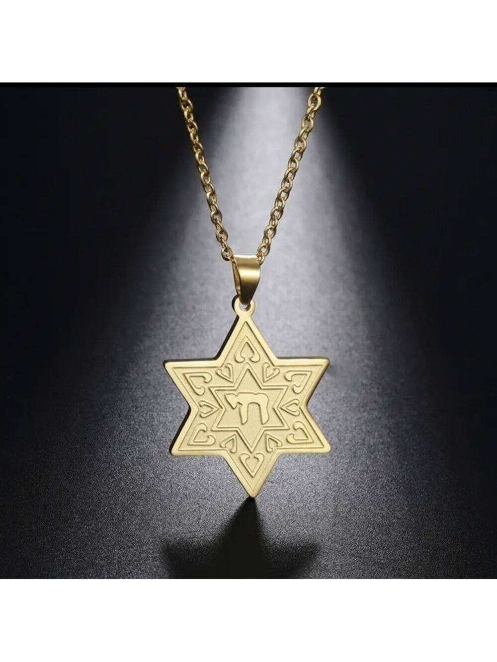 Necklace--Stainless Star of David w/Chai, Gold or Silver Tone